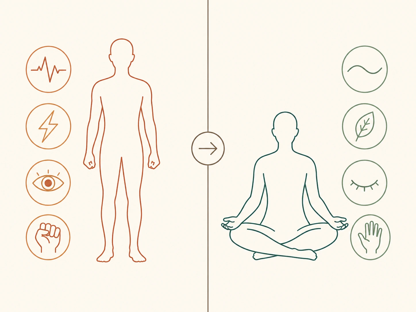 Diagram comparing the sympathetic fight-or-flight state and the parasympathetic rest-and-digest state and their effects on the body