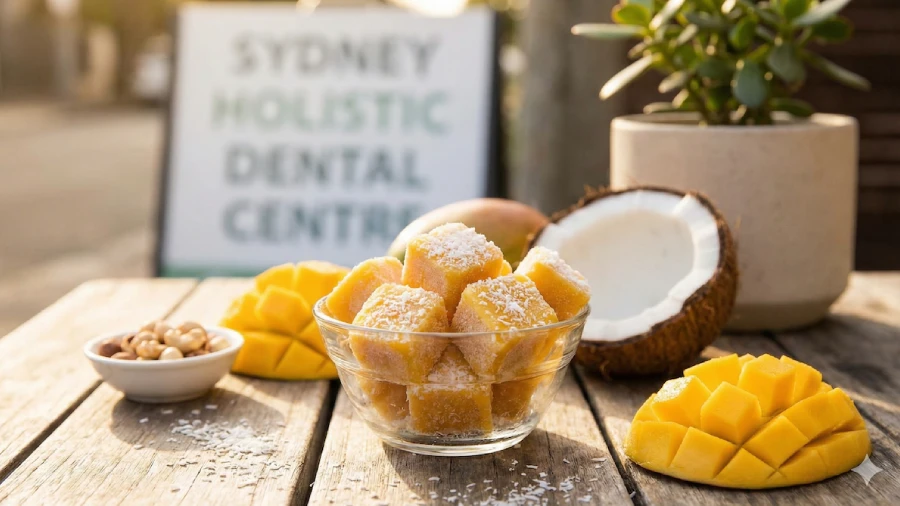 Frozen mango and coconut bliss bites arranged on white plate with fresh mango slices and shredded coconut garnish